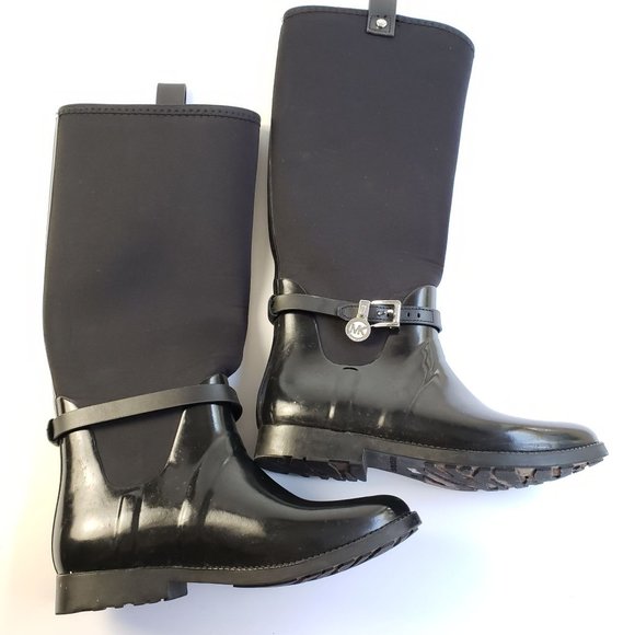 Michael Kors Black Rubber Tall Rain Boots Pull On Logo Charm Detail - Picture 9 of 15